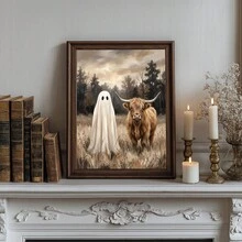 1pc Framed Canvas Wall Art, Vintage Country Style Highland Cow And Cute Ghost Wilderness Oil Painting Canvas Wall Decor, Low Saturation Atmospheric Autumn Forest Farmhouse Poster, Hot-Selling Home Decor Wall Hanging, Suitable For Modern Home Decoration - Ghost - View 6