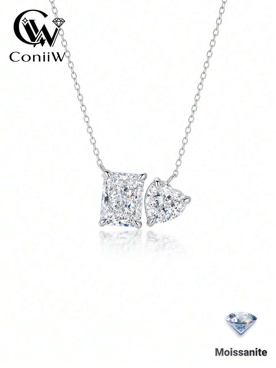 ConiiW 925純銀1.5克拉莫桑石長方形愛心吊墜項鍊，適合女性與情侶，適用日常配戴與約會