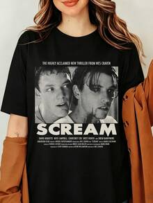 Scream Vintage Horror Movie Poster Graphic T-Shirt, Halloween Thriller Film Unisex Short Sleeve Top, Retro Black And White Print, Summer/Autumn Gift For Horror Fans - Black - View 1