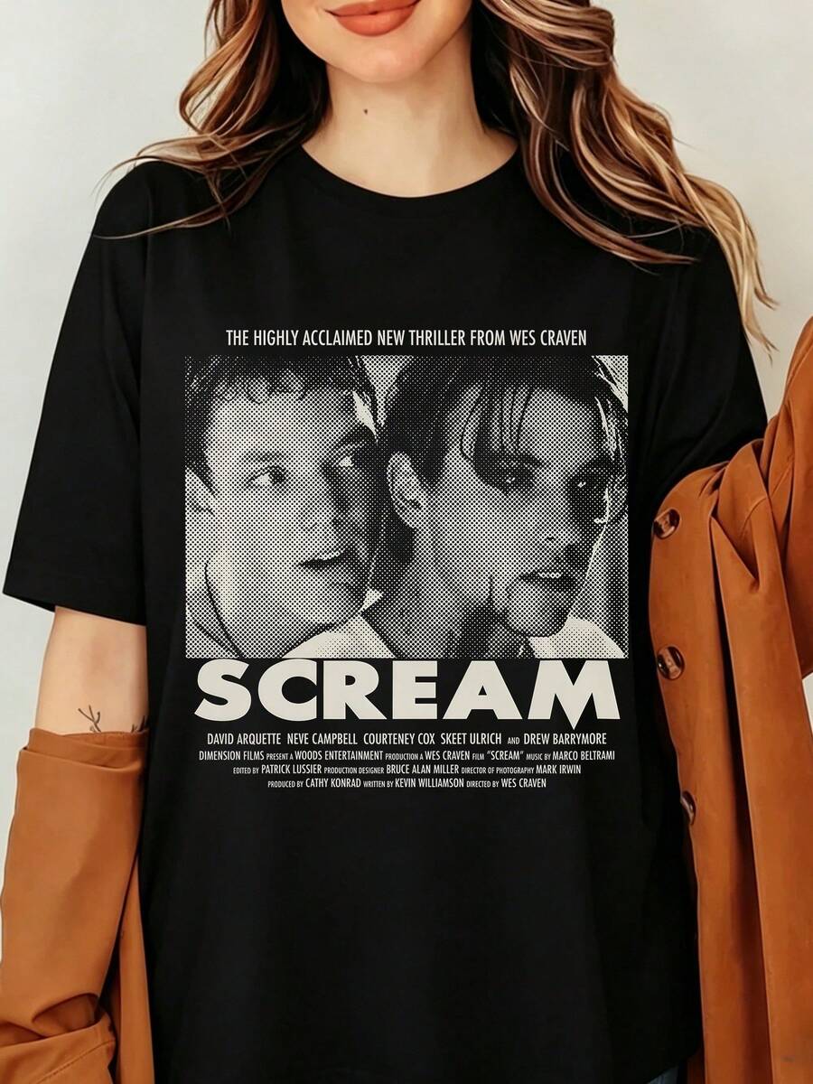 Scream Vintage Horror Movie Poster Graphic T-Shirt, Halloween Thriller Film Unisex Short Sleeve Top, Retro Black And White Print, Summer/Autumn Gift For Horror Fans - Black - View 1