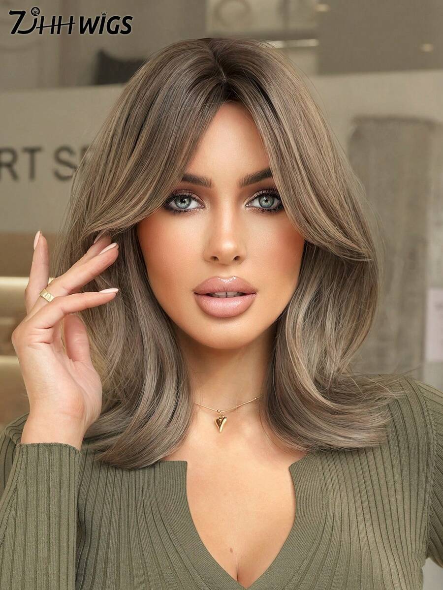 Ombre Brown Short Curly Bob Wig For Women 12 Inch Layered Wig With Curtain Bangs Natural Synthetic Heat-Resistant Fiber Fluffy Wig For Daily Party Wear Use