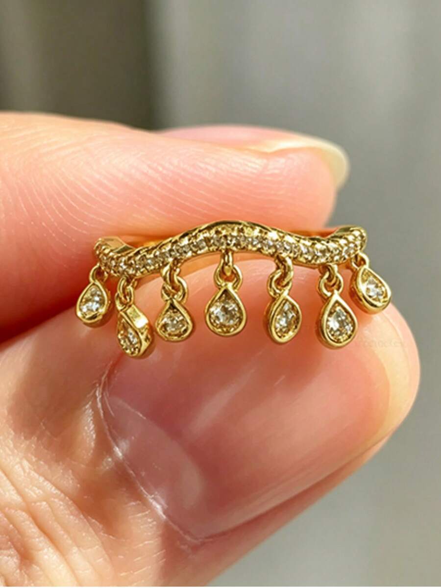 1pc Luxury Wavy Water Drop Rhinestone Tassel Minimalist Style Copper Gold Women's Tassel Ring, Suitable For Music Festival Wear, Holiday Gift Closed Ring (Size 6-10) - Multicolor - View 1