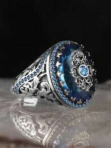 1pc Men's Fashion Ring, Vintage Business Alloy Inlaid Artificial Gemstone Decorative Finger Ring, Suitable For Daily Wear, Gift, Anniversary, Party Jewelry - Blue - View 2