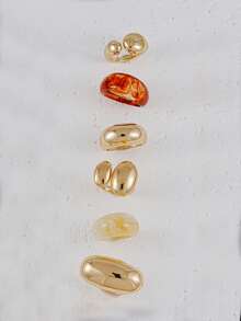 6pcs Exaggerated Chunky Smooth Heavy Metal Resin Ring Set, Stackable, Suitable For Women's Party, Daily Wear, Jewelry - Multicolor - View 6