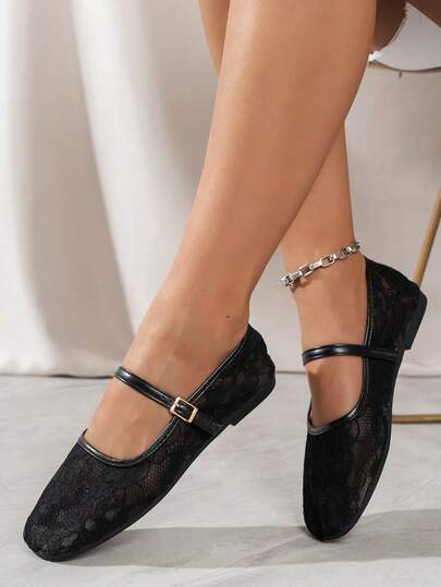 Livesso Summer New Ballet Style Flat Shoes For Women, Lace Mesh Buckle Design, Suitable For Daily Wear And Commuting