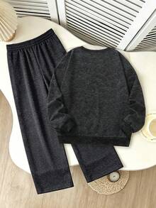 2pcs/Set Boys Crew Neck Sweatshirt & Wide Leg Pants Outfit, Minimalist Print Design, Casual Comfortable Daily Wear Set, Autumn/Winter New Arrival - Black - View 4
