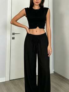 Women's Casual Solid Color Textured Long Pants With Slanted Pockets, Autumn Fabric, Low Waist Straight Leg, Suitable For Daily Wear, Office, Vacation - Black - View 5