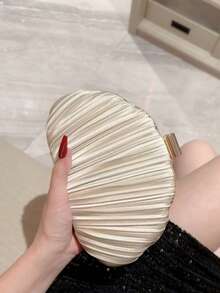 女款貝殼造型手拿包，純色壓褶緞面，金屬框架，口紅鎖扣，迷你正式優雅晚宴包，適合婚禮、派對與夜生活 - 米色 - 查看 6