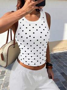 Mystra Summer Minimalist Retro Solid Color Ribbed Versatile Premium Casual U-Neck Tank Top - Black and White Dots - View 5