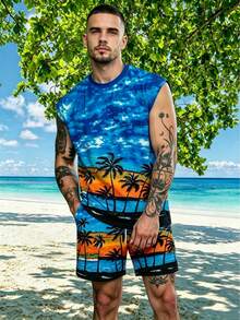 Men's Summer Printed Sleeveless Tank Top And Shorts Set, Suitable For Vacation Style - Multicolor - View 1