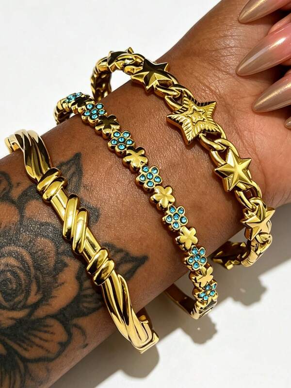 1/3 Peças Novo Conjunto de Pulseiras Abertas de Aço Inoxidável Grosso com Decoração de Estrela & Flor Estilo Hip Hop Punk, Estilo Casual Versátil para Férias, Adequado para Uso Diário de Homens & Mulheres, Viagem, Feriado, Acessório de Joias, Presente para Amigos