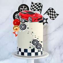 1 Set 27pcs/13pcs Racing Theme Cake Decorations, Including Tires, Checkered Flags, Stars And Mini Black, Red And Gold Spherical Cake Decorations, Suitable For Men's Racing Theme Birthday Party Cake Decoration (Please Use With White Sticks And Trays) - Multicolor - View 2