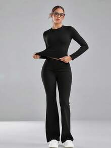 imisic Women's Slim Fit Long Sleeve 2 Pieces Loungewear Set, Folded Waist Flare Pants, Soft Elastic Tummy Control Shaping Sleepwear Set - Black - View 1