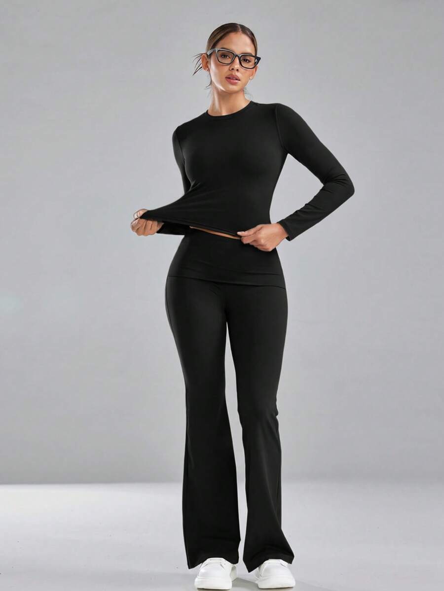 imisic Women's Slim Fit Long Sleeve 2 Pieces Loungewear Set, Folded Waist Flare Pants, Soft Elastic Tummy Control Shaping Sleepwear Set - Black - View 1