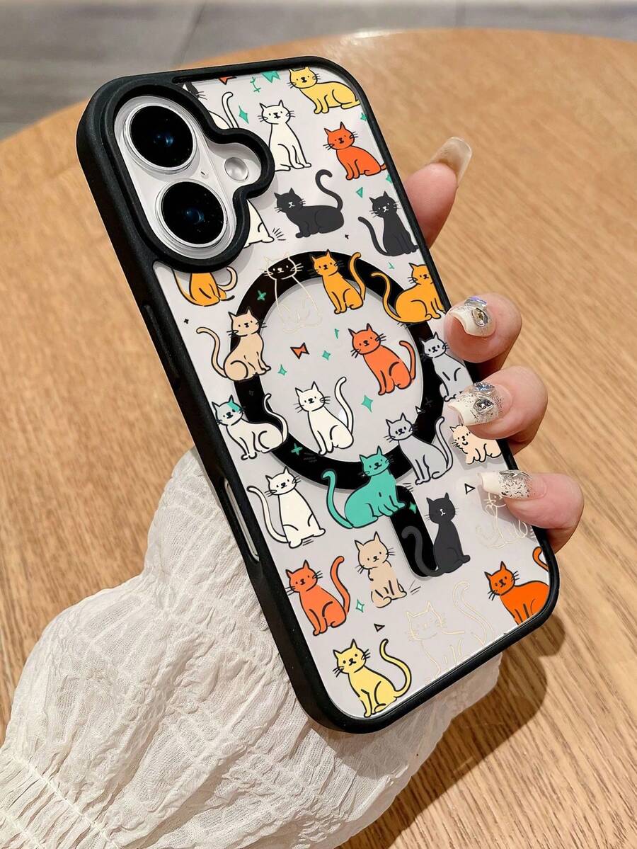 1pc Cute Cartoon Kitten Pattern Magnetic Phone Case, Comfortable Hand Feeling, Compatible With Wireless Charging, Suitable For All Models Of Apple Phone Cases, Suitable For Holiday Gifts - 黑色 - 查看 1