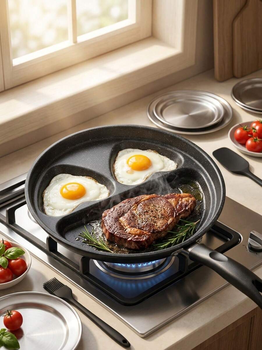 MiLaiWP 1pc Heart-Shaped 4-Compartment Non-Stick Frying Pan - Perfect For Cooking Eggs, Burgers, Pancakes And Pizza - Ideal For Breakfast, Restaurant And Home Use - Easy To Clean And Store - Multicolor - View 1