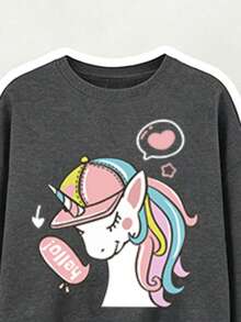 Girls Cartoon Print Crew Neck Sweatshirt And Loose Long Pants Set - Dark Grey - View 3