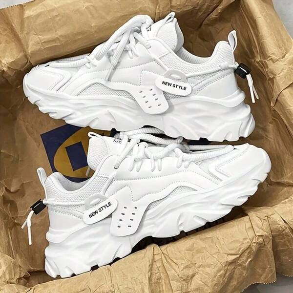Fashionable White Breathable Sports Shoes, Suitable For Men's Daily Wear, Lace-Up Design, Shock-Absorbing Function, Suitable For Sports, Casual, Walking And Other Occasions