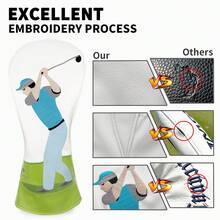 Golf Swing Figure Golf Club Headcover, Colorful 3D Embroidery Exquisite, Thickened PU Padding, Universal 1/3/5 Wood, Casual Retro Men's Golf Club Protector - White - View 5