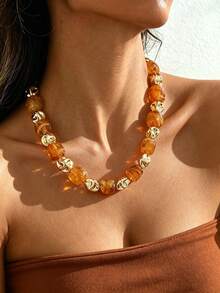 17KM 3/1pc Vintage Elegant Bohemian Resin Beaded Necklace Set, Adjustable, Suitable For Women's Daily Wear - Multicolor - View 3