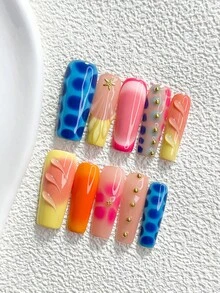 10件多巴胺風手工穿戴甲，Polygel美甲套組，海星、水滴與花卉圖案，藍色、黃色與粉色指甲油，鮮豔風格，附美甲工具，3種尺寸可選，杏仁形、鴨嘴形、棺材形，適合派對、跳舞、日常穿戴 - 彩色 - 查看 19