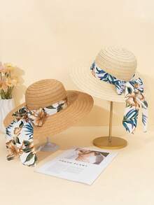 2pcs/1pc Summer Wide Brim Straw Hat For Women, Minimalist Fashion Lace Ribbon Beach Vacation Sun Protection Hat - Straw Hat - View 14