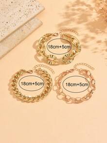3pcs/Set Multi-Layer Thick Line Geometric Exaggerated Bracelet Set, Vintage Fashion Geometric Chunky Chain Bracelet Combination, Suitable For Daily Wear, Party, Date And Vacation - Gold - View 4
