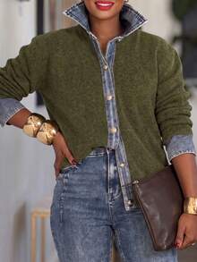 Women's  Knit Denim Panel Collared Cardigan: Long Sleeve Button Front - Ideal For Daily, Commute, Outings & Women's New Year Outfits - Olive Green - View 4
