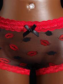 Women's Sexy Panties, Lip Print, Bow Decor, Lace Patchwork, Contrast Color Mesh, Comfortable Cute Semi-Sheer Loungewear Underwear - Burgundy - View 7