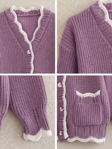 Preppy White Contrast Trim Knit Cardigan, V-Neck Heart Button Patch Pocket Cropped Jacket, Autumn Thanksgiving Streetwear - Purple - View 11