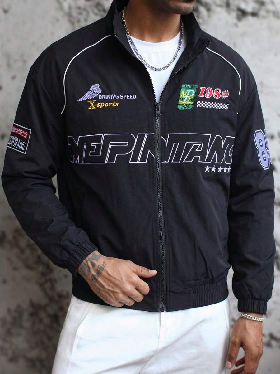 Men's Black Y2K Street Style Racing Pilot Jacket, Printed Stand Collar, Long Sleeve Zip-Up Outerwear - Black - View 1