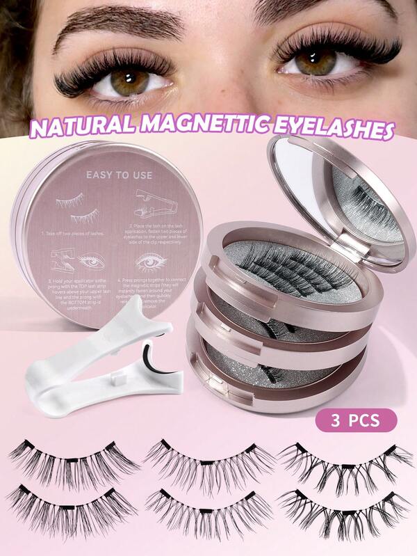 MAANGE 3 Pairs Cartoon Magnetic False Eyelashes Magnetic False Eyelashes Set / Optional 4 Pairs Natural Fluffy False Eyelashes, 6-13mm, Enlarging Eyes, Creating Natural Makeup Effect, Reusable, No Glue Needed, Easy To Remove, Comfortable All Day, Pink Packaging, Women's Gift