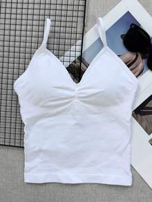 女款瑜伽背心內建胸墊，可調節肩帶設計健身瑜伽上衣，抓皺運動背心，適合健身房運動 - 白色 - 查看 7