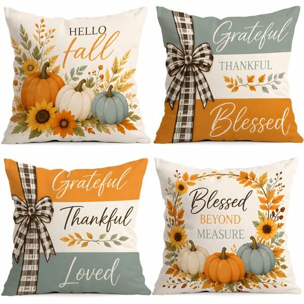 4pcs/1pc Thanksgiving Text Pumpkin Autumn Pattern Pillow Case, Single-Sided Printed Pillow Case, Suitable For Living Room Bedroom Home Decor, All Season Pillow Case