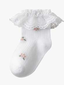 4 Pairs Girls Baby Spring Summer Lotus Leaf Ruffle Lace Pink Embroidered Floral Mesh Breathable Fashion Princess Socks, Dance Socks, Suitable For Home Daily Wear/Travel/Back To School - Multicolor - View 7