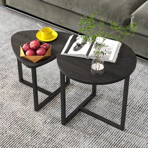 Set Of 2 Round Coffee Tables – Industrial Design Wooden Side Tables For Living Room, Modern Coffee Table - 黑色 - 查看 1