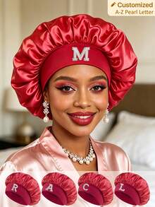 1pc Pearl Letter Print Satin Sleep Cap, Elastic Wide Band, Silky Hair Protection Cap, Suitable For Women's Night Sleep, Travel And Daily Hair Care - Multicolor - View 3