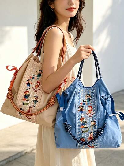 1pc New Embroidered Circus Pattern Lightweight Nylon Large Capacity Shopping Bag, Party Travel Women's Shoulder Crossbody Tote Bag