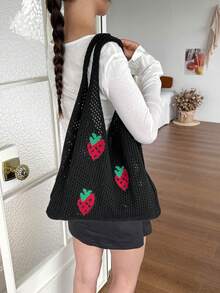 Casual Versatile Crochet Knit Large Capacity Shoulder Bag - Negro - Ver 9