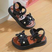 Lugualt Girls' Fashion Sunny Sandals, Korean Style Bowknot Hook & Loop, Lightweight Non-Slip Soft Sole Princess Sandals For Daily Wear And Outings - Black - View 7