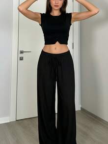 Women's Casual Solid Color Textured Long Pants With Slanted Pockets, Autumn Fabric, Low Waist Straight Leg, Suitable For Daily Wear, Office, Vacation - Black - View 4