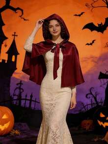 1pc Halloween Party Cape, Short Hooded Solid Color Poncho Style Short Cloak, Christmas Short Hooded Princess Cape, Cosplay - Burgundy - View 1