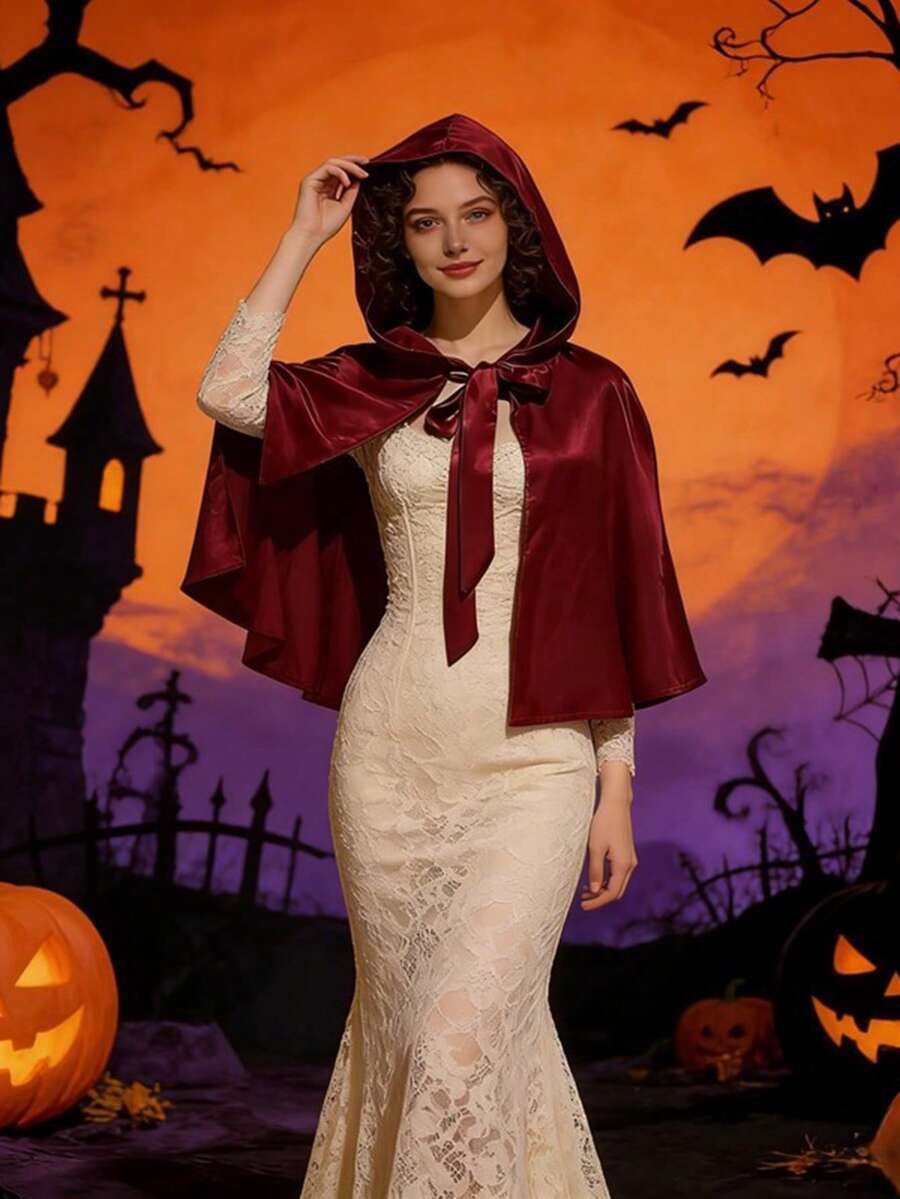 1pc Halloween Party Cape, Short Hooded Solid Color Poncho Style Short Cloak, Christmas Short Hooded Princess Cape, Cosplay - Burgundy - View 1
