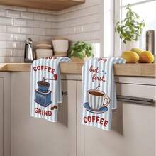 2PCS Blue Striped Coffee Healing Theme Printed Kitchen Towels, 40*60cm Rectangular Microfiber Dish Cloths, Tablecloths, Hand Towels, Kitchen Decor, Home Decor, Housewarming Gift For Neighbors, Perfect For Kitchen And Bathroom Use, Suitable For Housewives And Family Gatherings, High Cost-Performance, Home Essential - Royal Blue - View 10