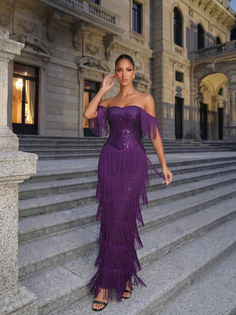 LOVE&LEMONADE Purple Off-Shoulder Sequin Tassel Long Evening Gown - Purple - View 1