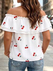 Plus Size Cherry Print Cute Off-Shoulder Top With Belt Bow Decor And Ruffle Hem, Autumn Daily Wear - Multicolor - View 2