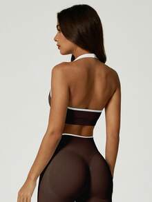 NcmRyu Women's One Set Colorblock Halter Backless Bra & High Waist Ribbed Waistband Shorts Sports Set - Brown - View 8