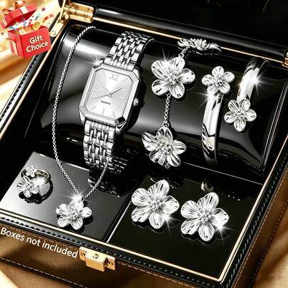 7PCS Elegant & Exquisite Women's Watch Set, Fashionable Watch Paired With 3D Floral Decor Multi-Piece Jewelry, Perfect Gift For Valentine's Day, Anniversary, Birthday, Christmas