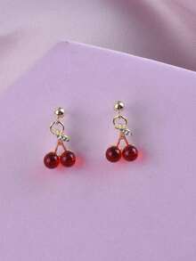 1 Set/1pc Necklace + 1 Pair Earrings Fashion Sweet Style Metal Rhinestone Cherry Design Necklace & Earrings Jewelry Set For Women Daily Wear, Holiday Birthday Gift For Friends - Yellow Gold - View 6
