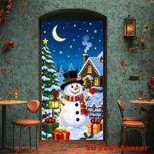 2D Plane 1 Piece Of Christmas-Themed Banner Background, Featuring A Snowman With A Christmas Tree, Gift Wrapping, A Snow Hut, And A Crescent Moon-Shaped Starry Sky. Made Of Polyester Material, No Power Supply Required. - View 4